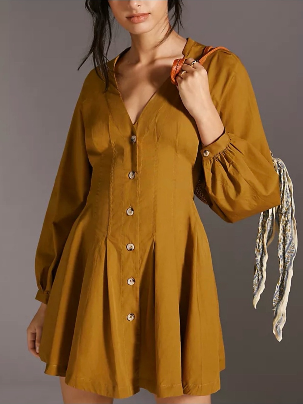 Anthropologie Mustard Button-Front Mini Dress with Balloon Sleeves 100% Cotton
